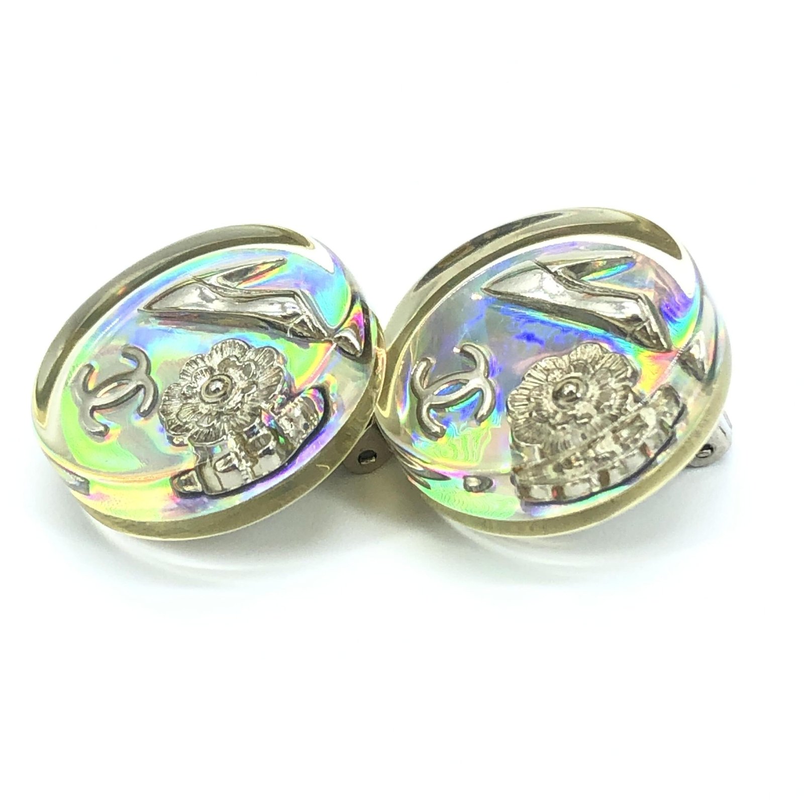 Chanel Vintage Holographic Logo Clip-On Earrings - Image 4