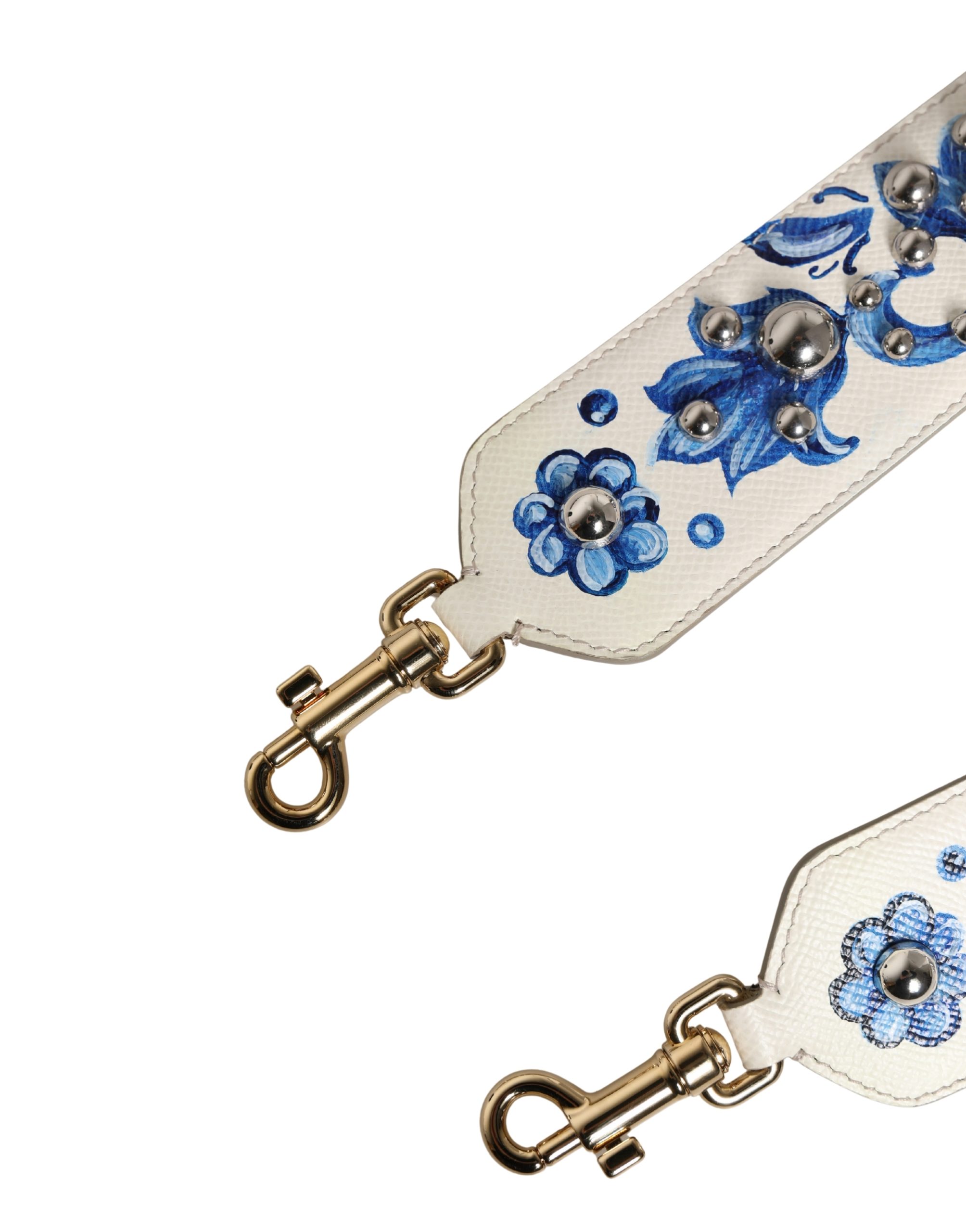 Dolce & Gabbana White Blue Floral Leather Stud Accessory Shoulder Strap - Image 3