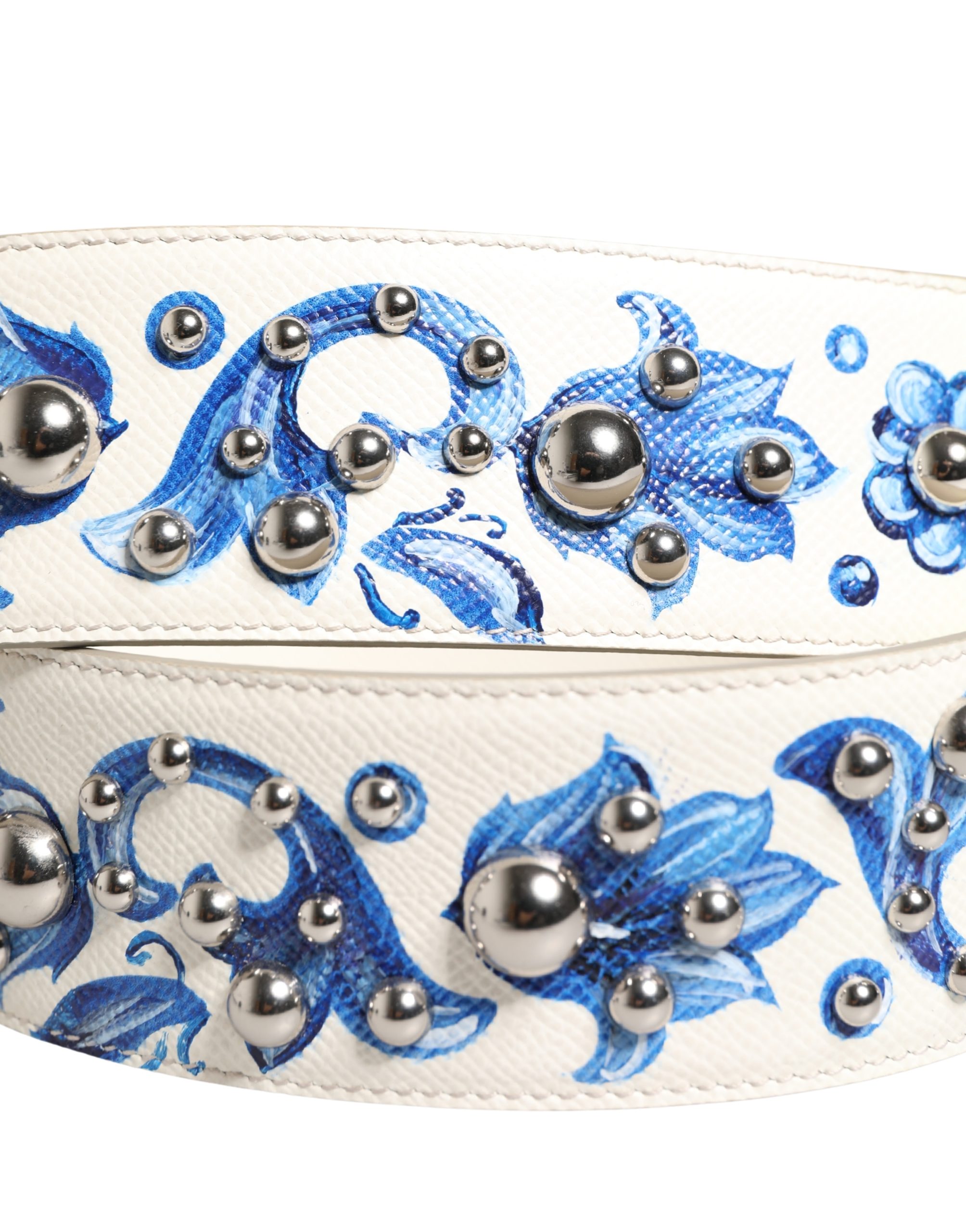 Dolce & Gabbana White Blue Floral Leather Stud Accessory Shoulder Strap - Image 5