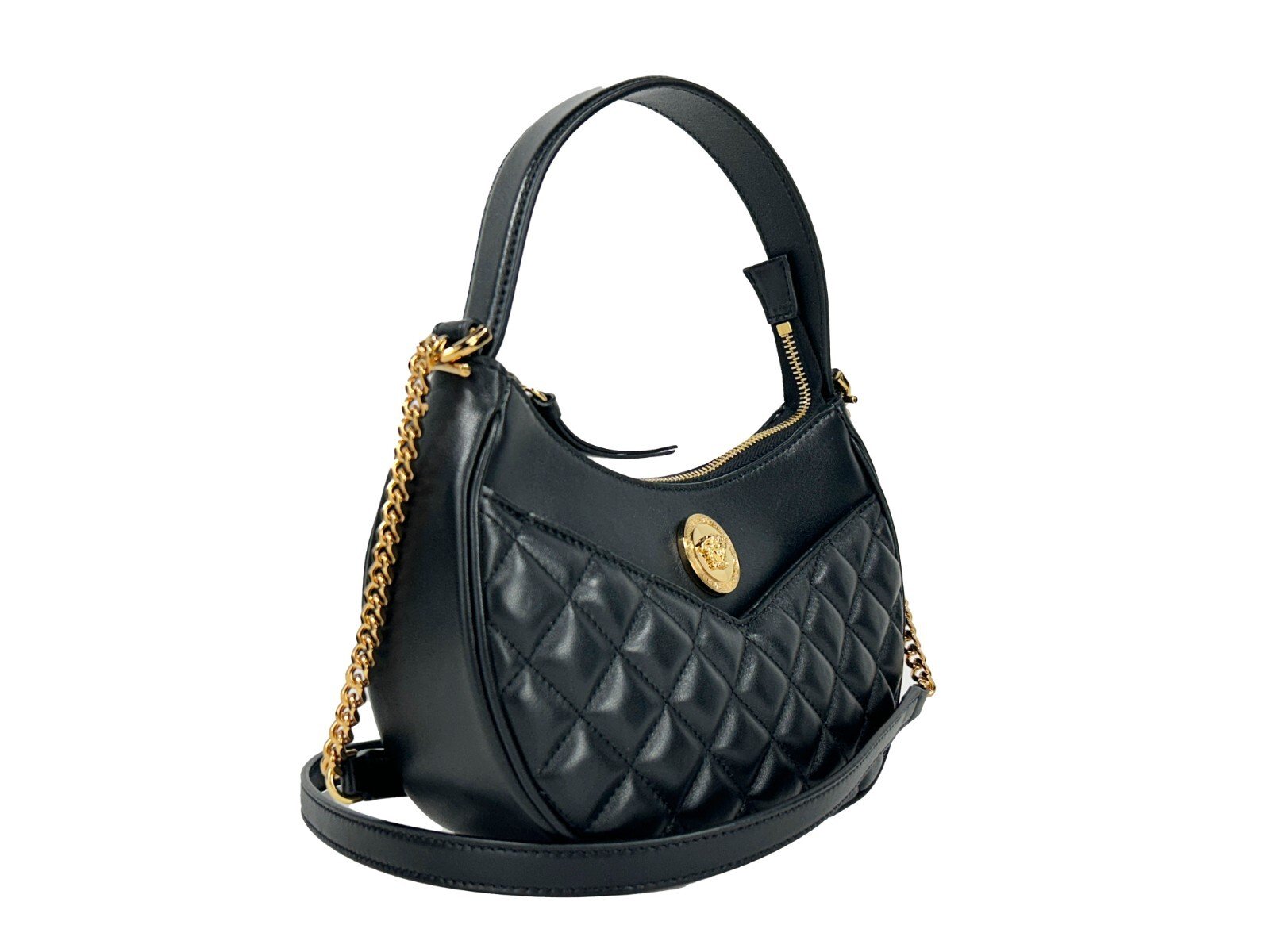 Versace Quilted Black Leather Half Moon Chain Crossbody Bag - Image 2