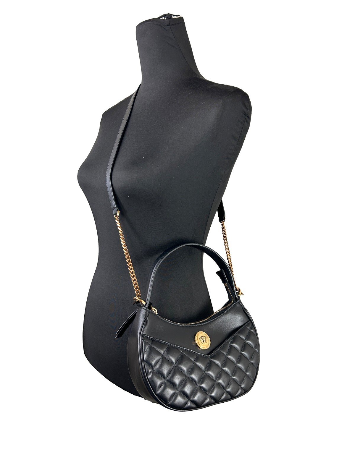 Versace Quilted Black Leather Half Moon Chain Crossbody Bag - Image 4