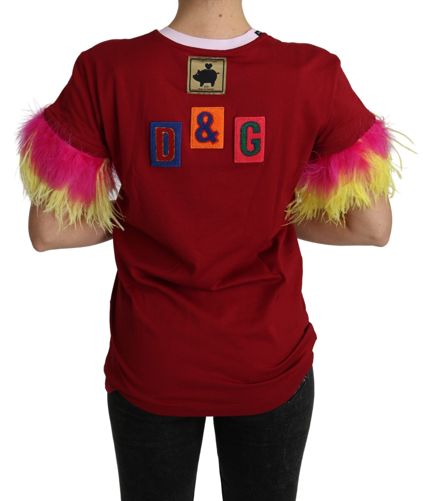 Dolce & Gabbana Red Pig Print Feather Sleeves T-shirt Top - Image 2