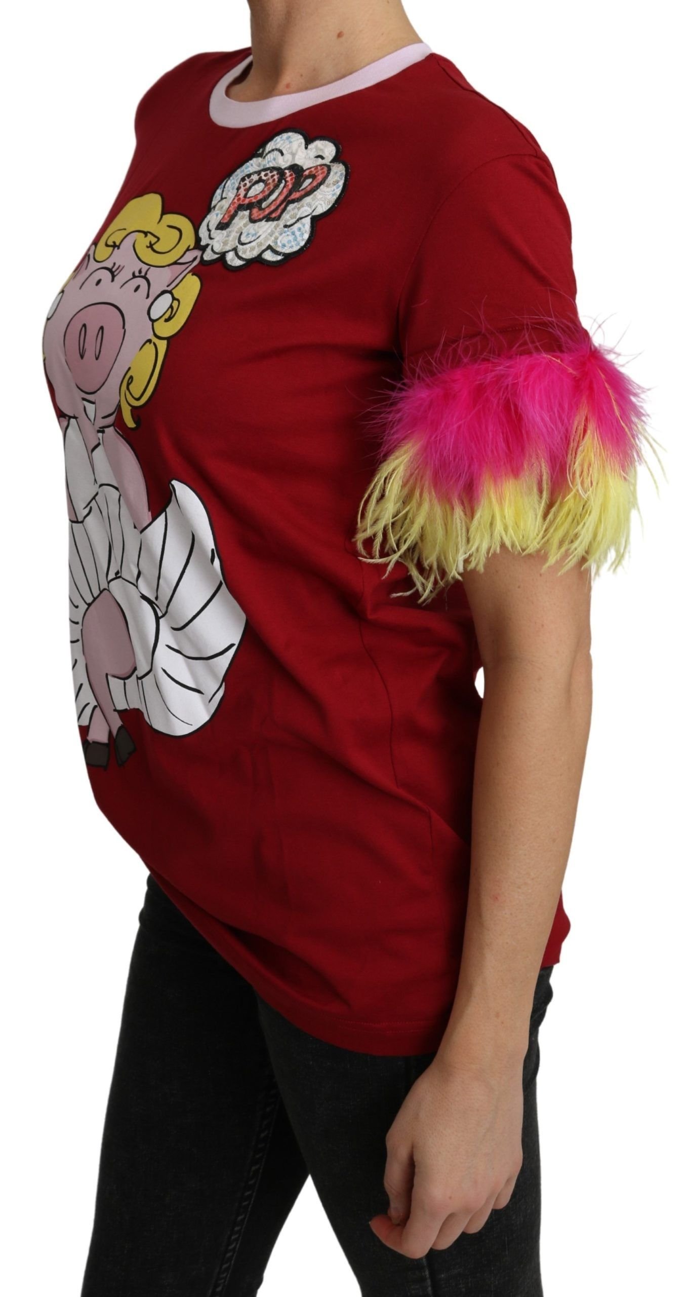 Dolce & Gabbana Red Pig Print Feather Sleeves T-shirt Top - Image 4