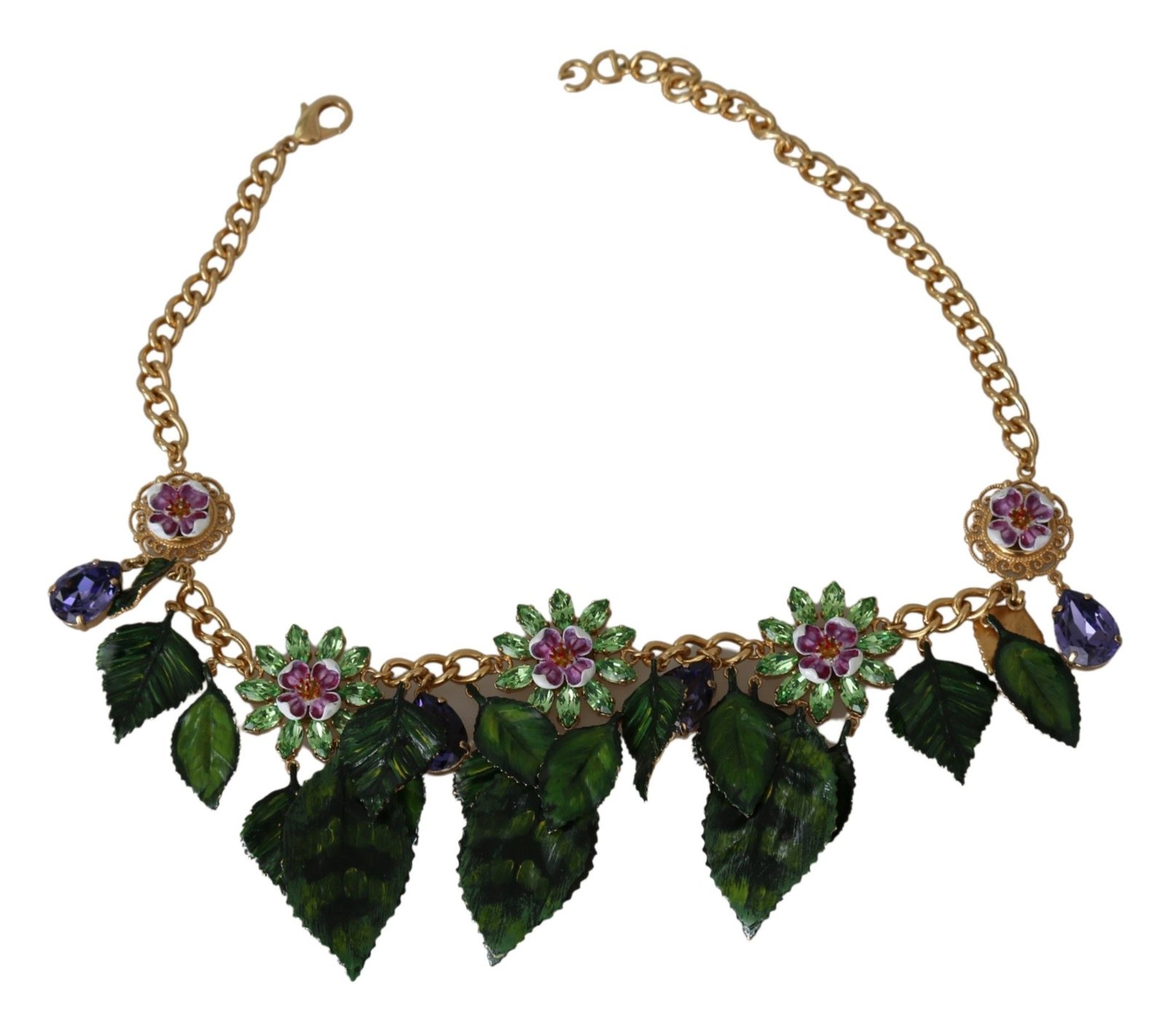 Dolce & Gabbana Green Leaves Gold Brass Crystal Flower Pendant Necklace - Image 3