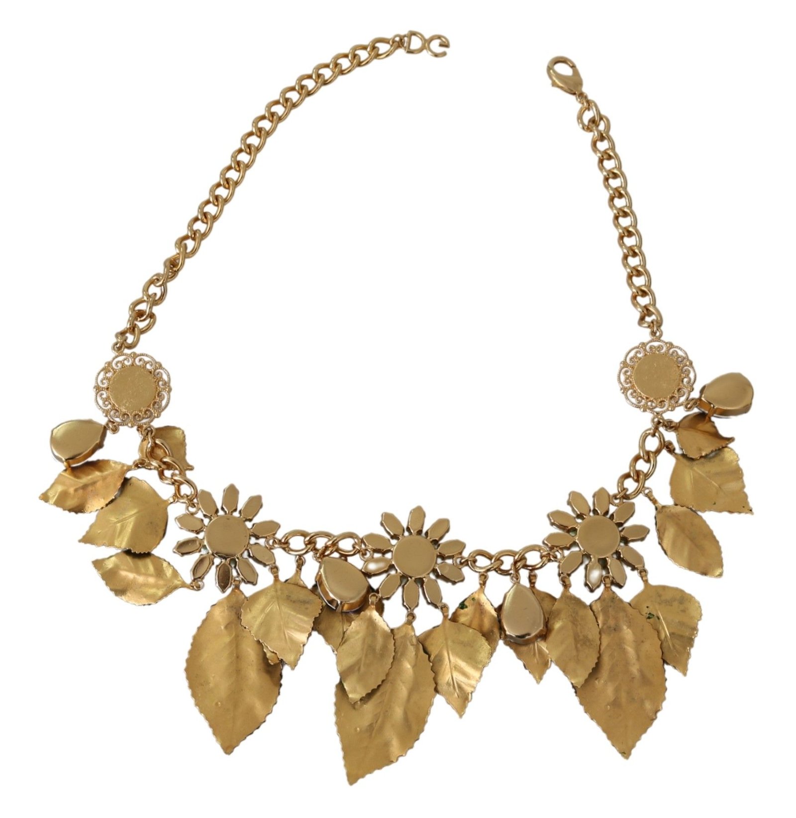 Dolce & Gabbana Green Leaves Gold Brass Crystal Flower Pendant Necklace - Image 4
