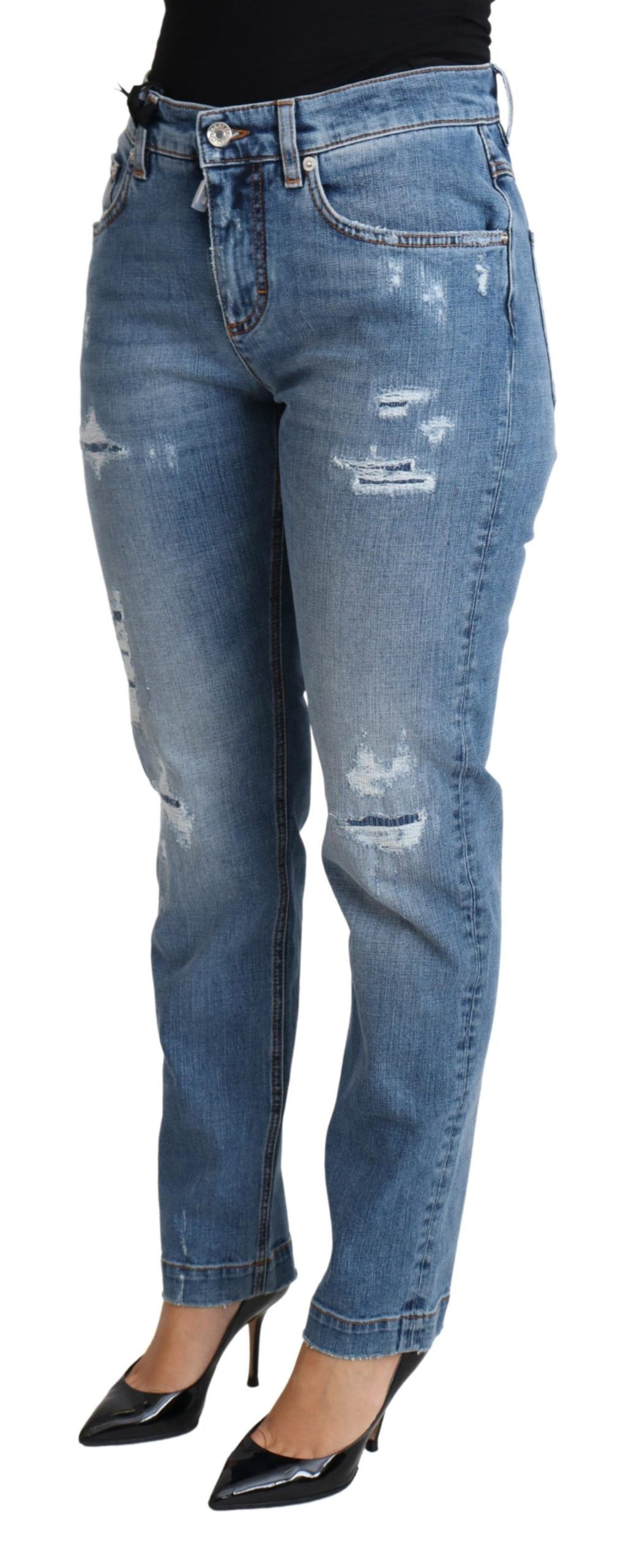 Dolce & Gabbana Blue Tattered Skinny Denim Cotton Blend Jeans - Image 2