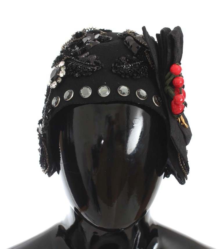 Dolce & Gabbana Black Crystal Gold Cherries Brooch Hat - Image 2