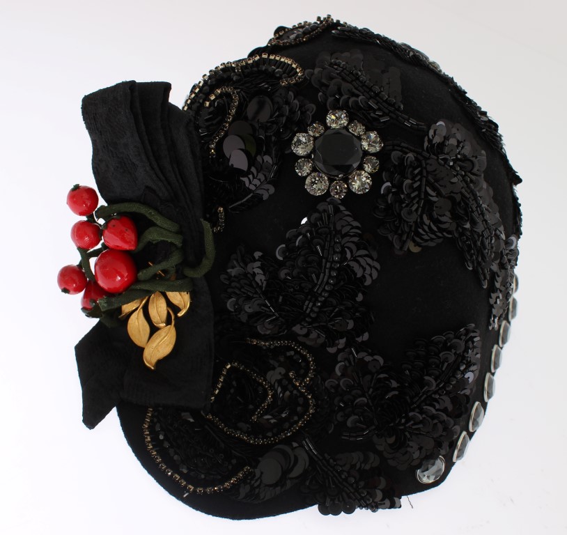 Dolce & Gabbana Black Crystal Gold Cherries Brooch Hat - Image 5