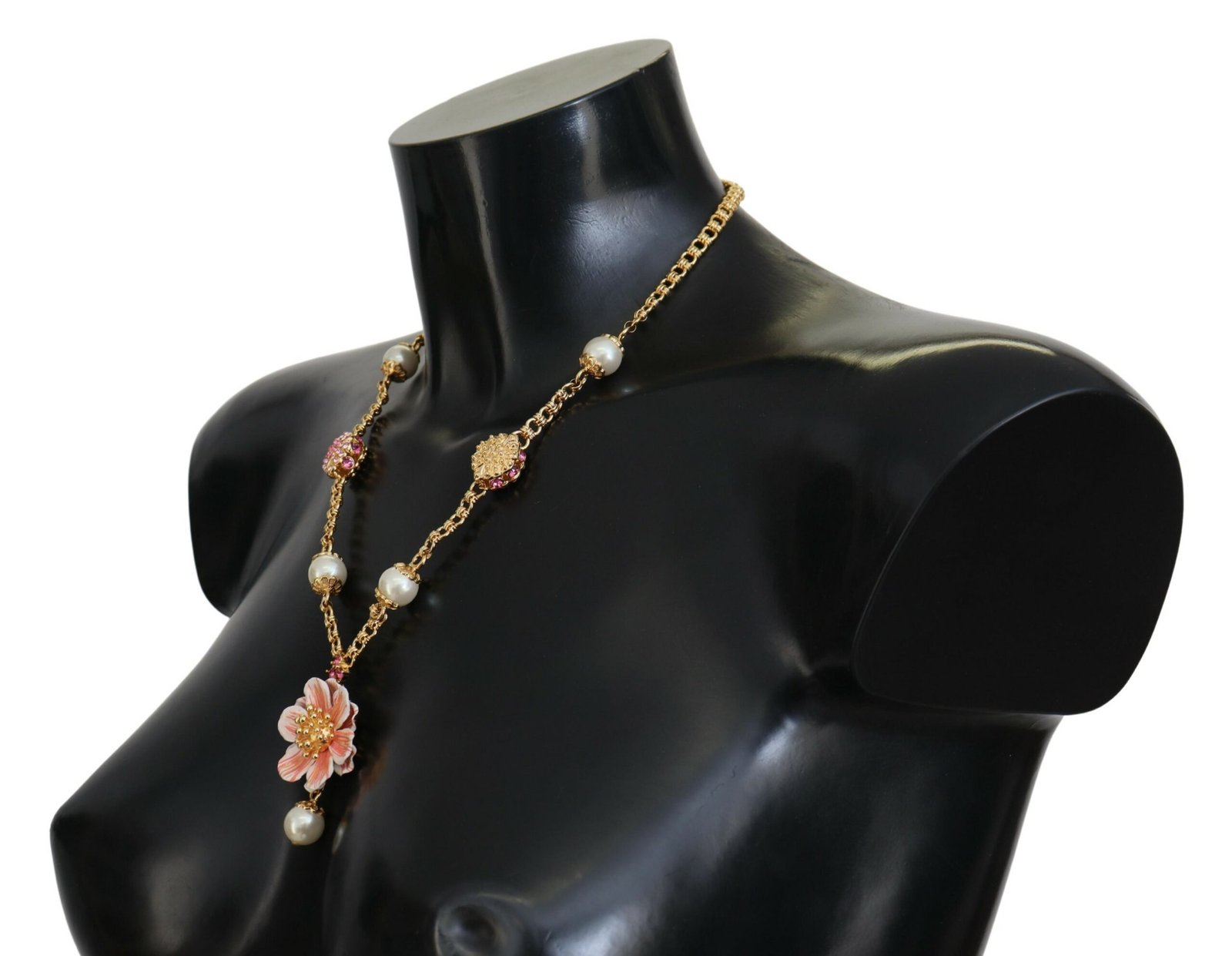 Dolce & Gabbana Gold Tone Floral Crystals Pink Embellished Necklace - Image 2