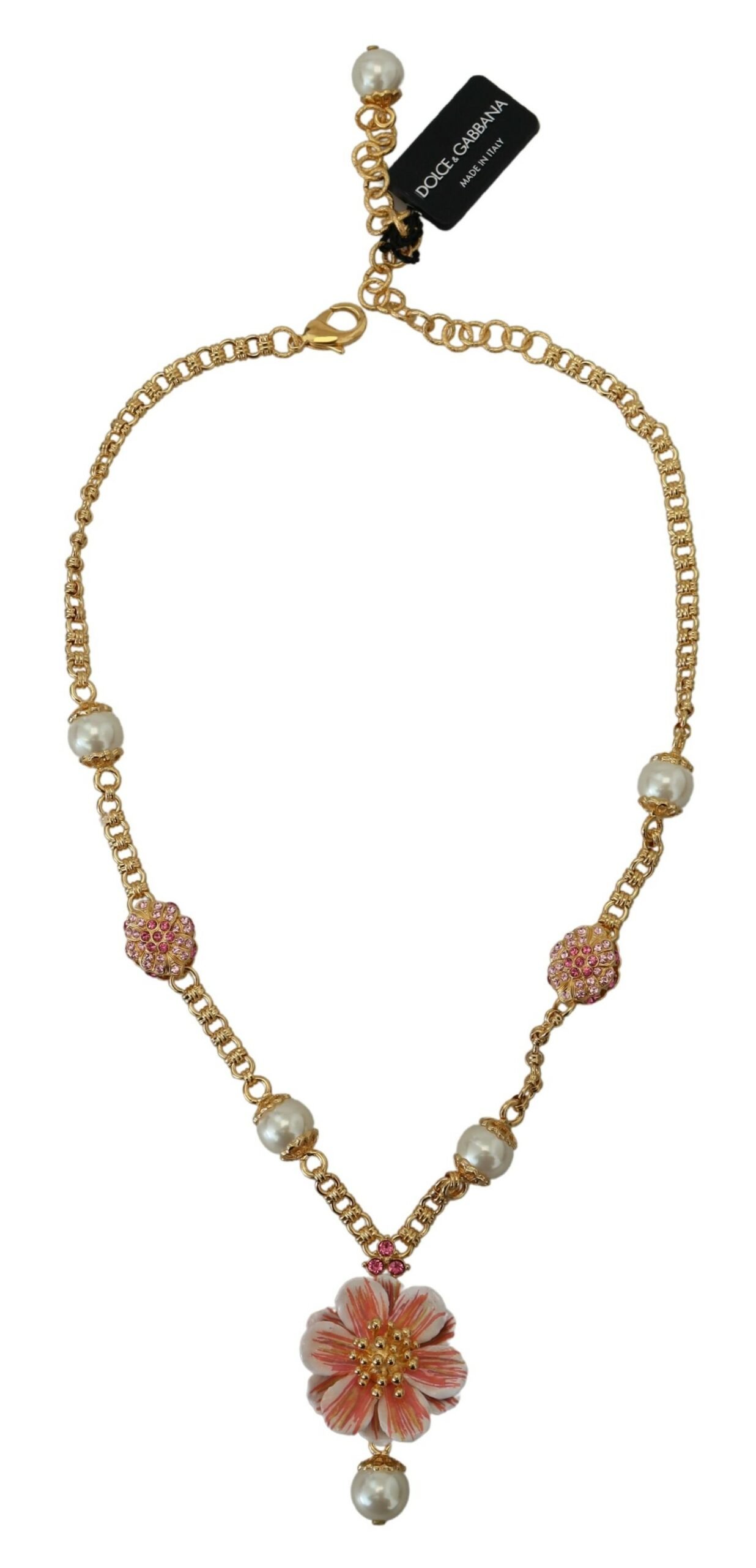 Dolce & Gabbana Gold Tone Floral Crystals Pink Embellished Necklace - Image 3