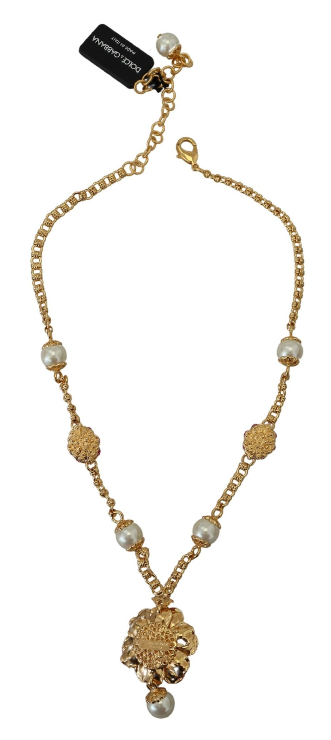 Dolce & Gabbana Gold Tone Floral Crystals Pink Embellished Necklace - Image 4