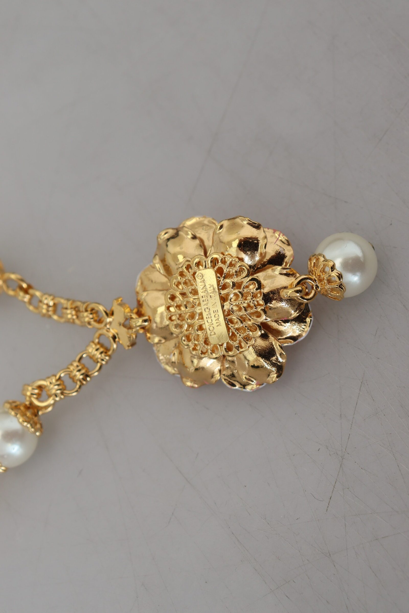 Dolce & Gabbana Gold Tone Floral Crystals Pink Embellished Necklace - Image 5