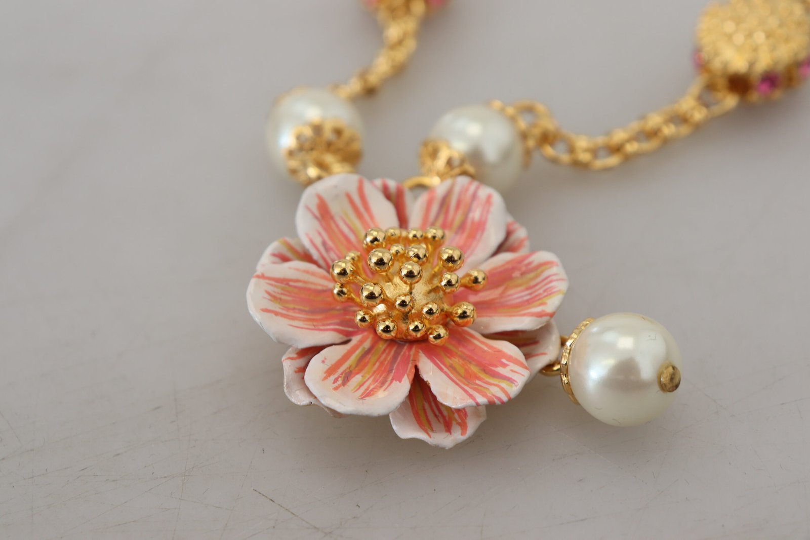Dolce & Gabbana Gold Tone Floral Crystals Pink Embellished Necklace - Image 6