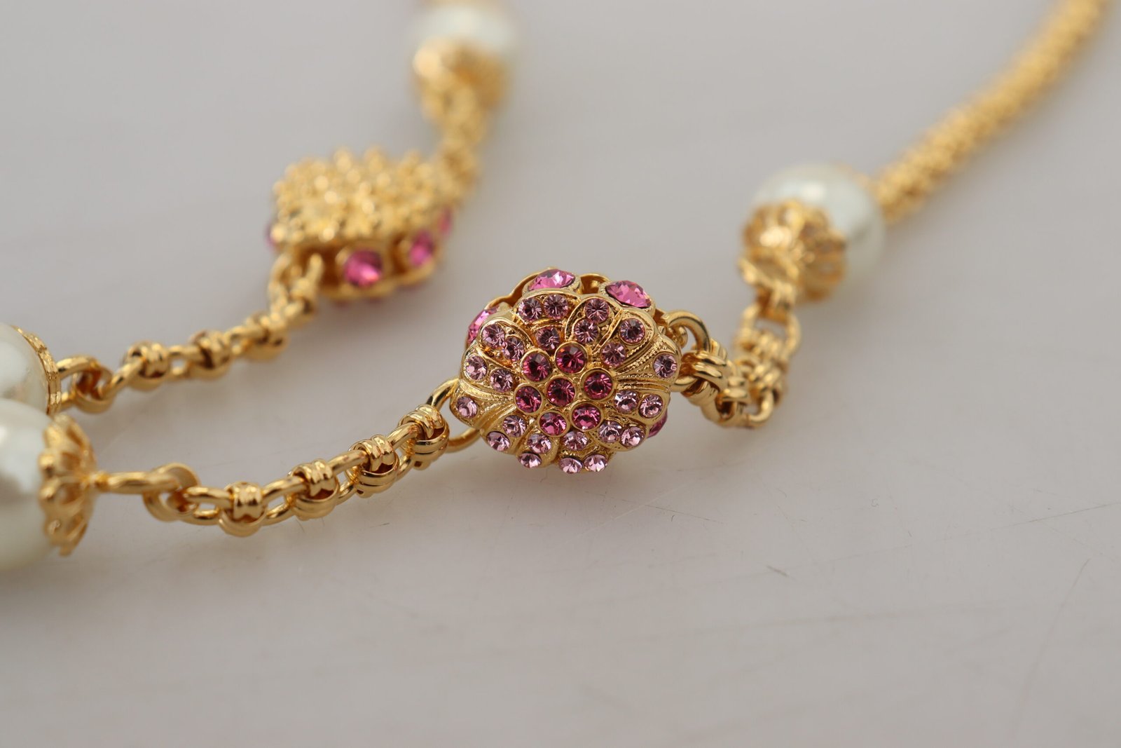 Dolce & Gabbana Gold Tone Floral Crystals Pink Embellished Necklace - Image 7