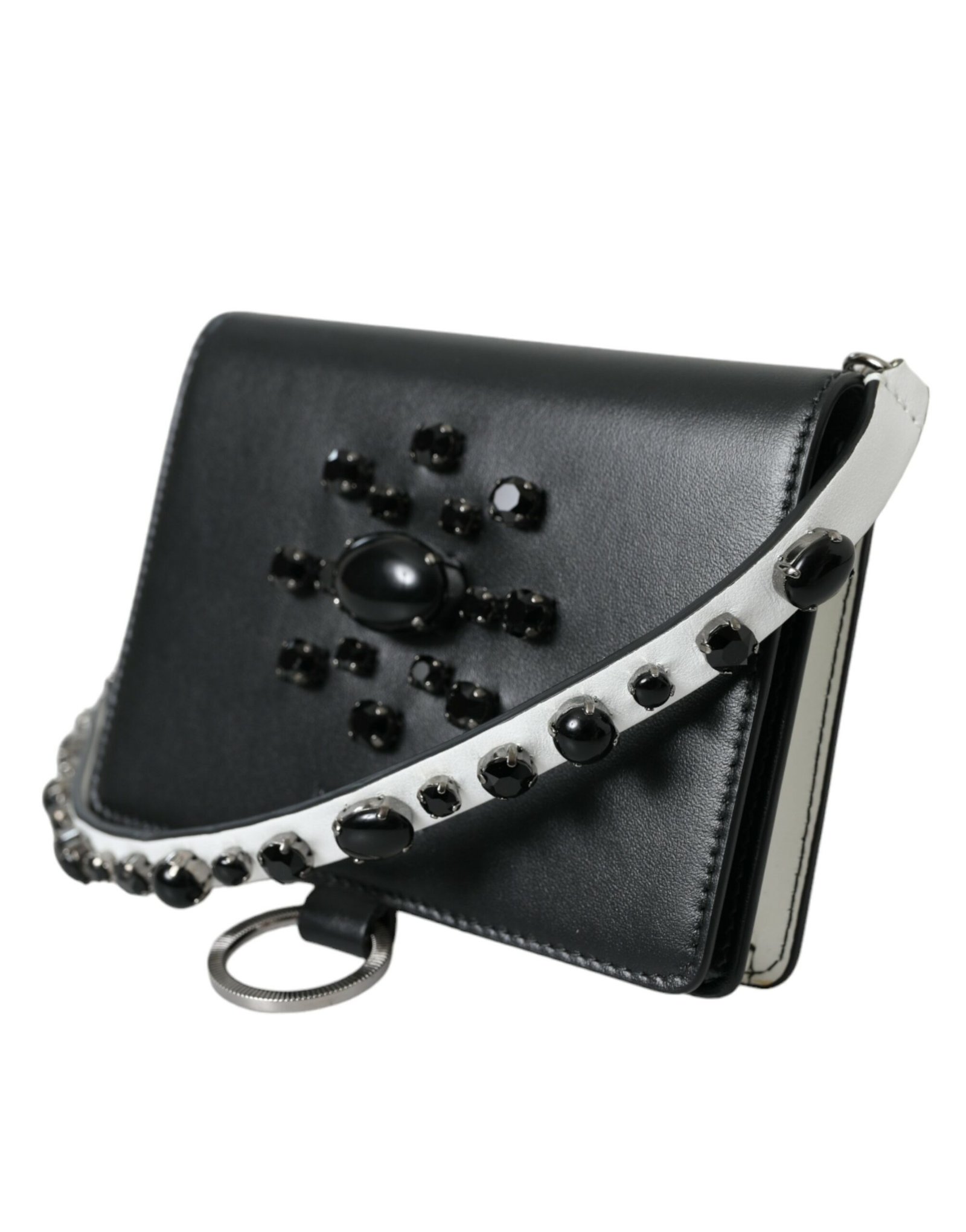 Dolce & Gabbana Black White Leather Crystal Embellished Cardholder Wallet - Image 2