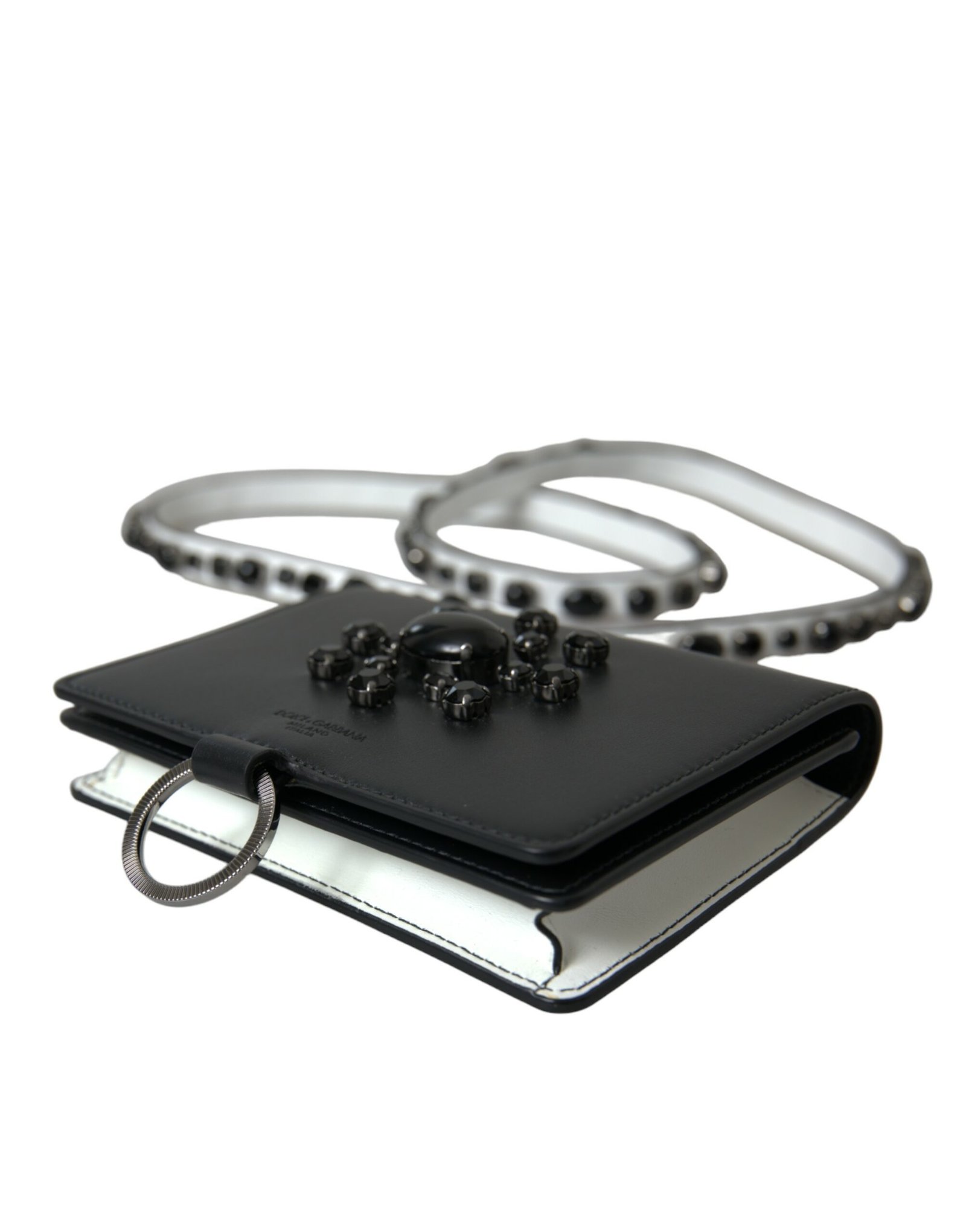 Dolce & Gabbana Black White Leather Crystal Embellished Cardholder Wallet - Image 4