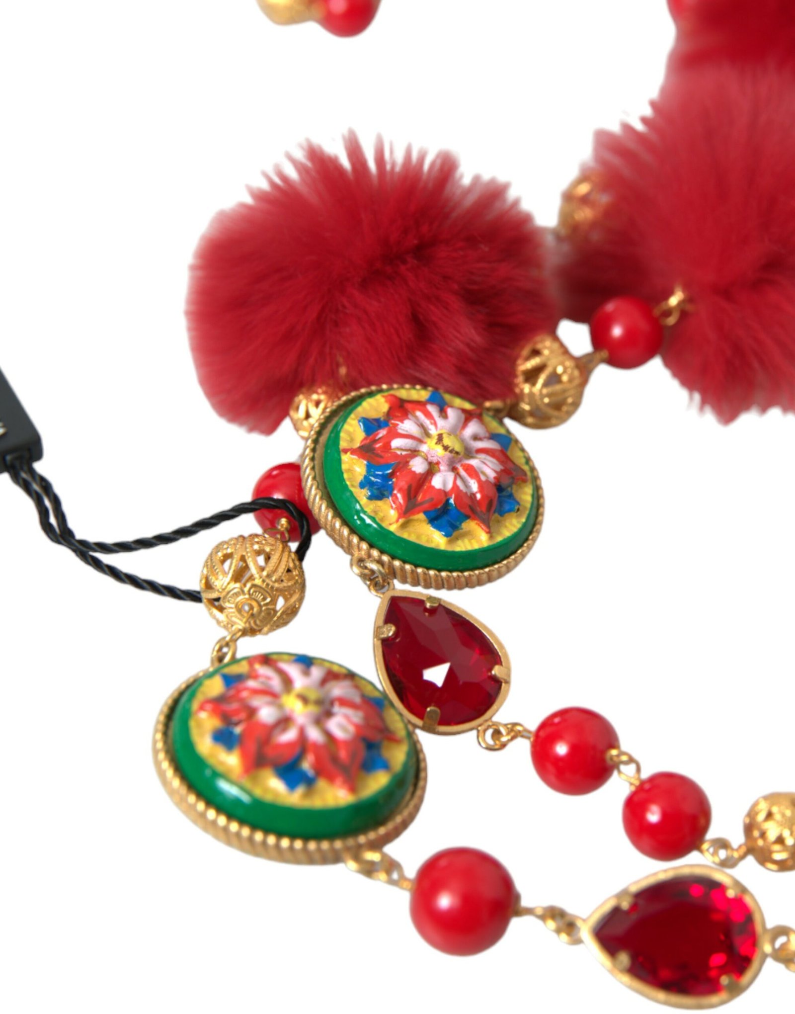Dolce & Gabbana Gold Brass Red Fur Crystal Carretto Chain Necklace - Image 3