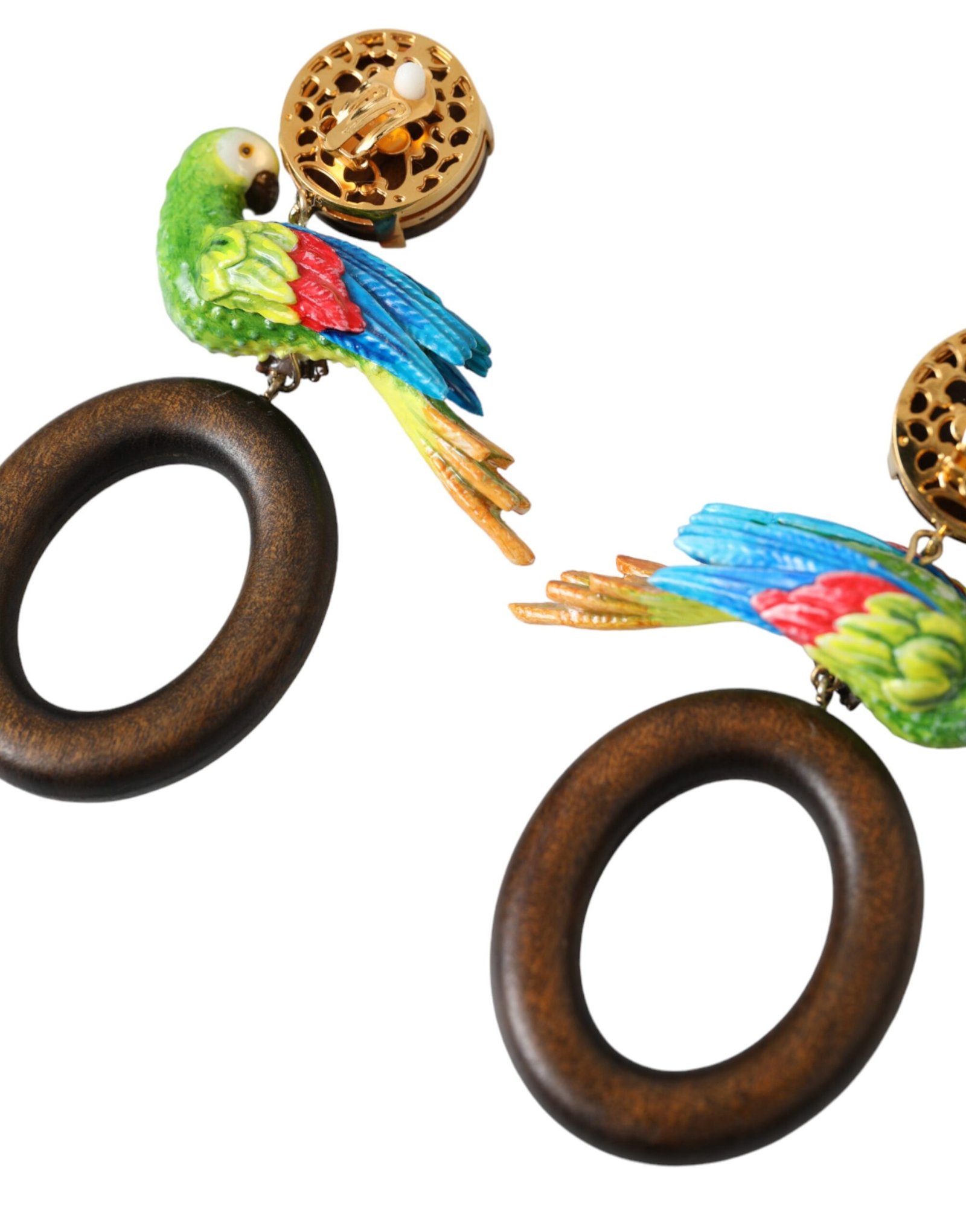 Dolce & Gabbana Multicolor Parrot Wood Brass Crystal Embellished Earrings - Image 5