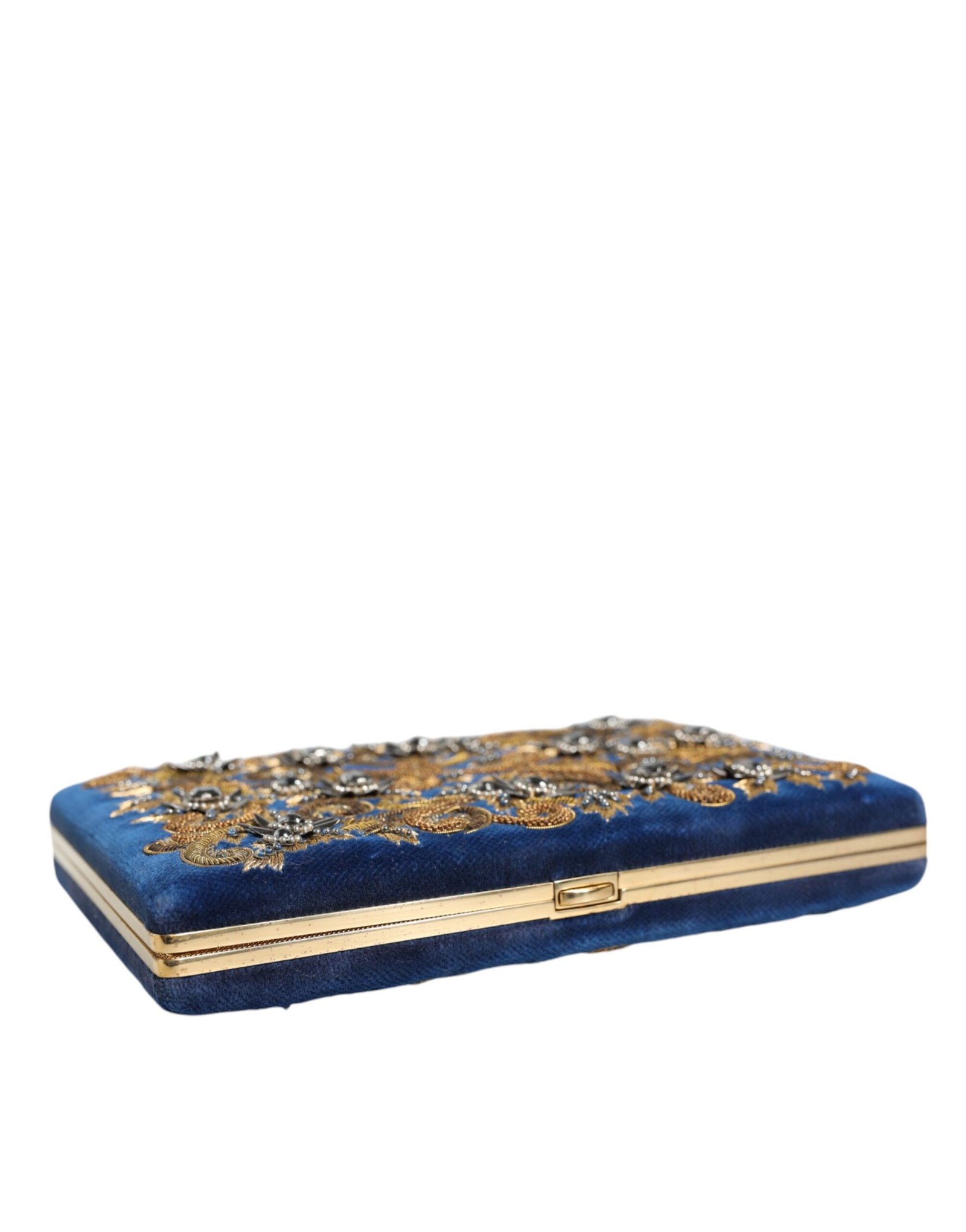 Dolce & Gabbana Blue Velvet Gold Frame Clutch Evening Party Purse Bag - Image 4
