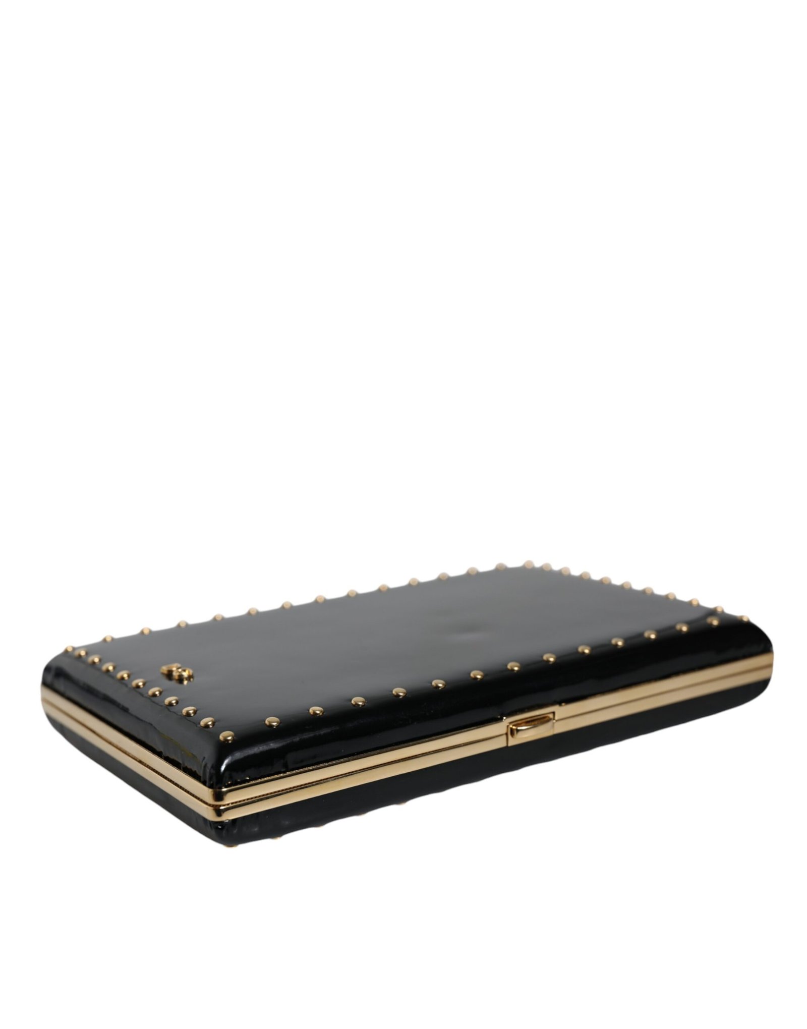 Dolce & Gabbana Black Leather Studs Gold Frame Clutch Evening Purse Bag - Image 4