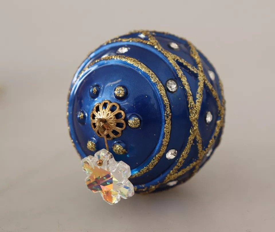 Dolce & Gabbana Gold Brass Blue Christmas Ball Crystal Hook Jewelry Earrings - Image 5