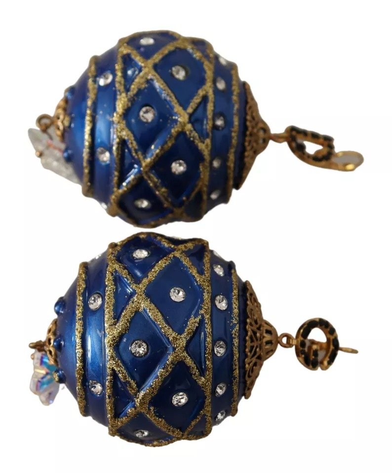 Dolce & Gabbana Gold Brass Blue Christmas Ball Crystal Hook Jewelry Earrings - Image 2
