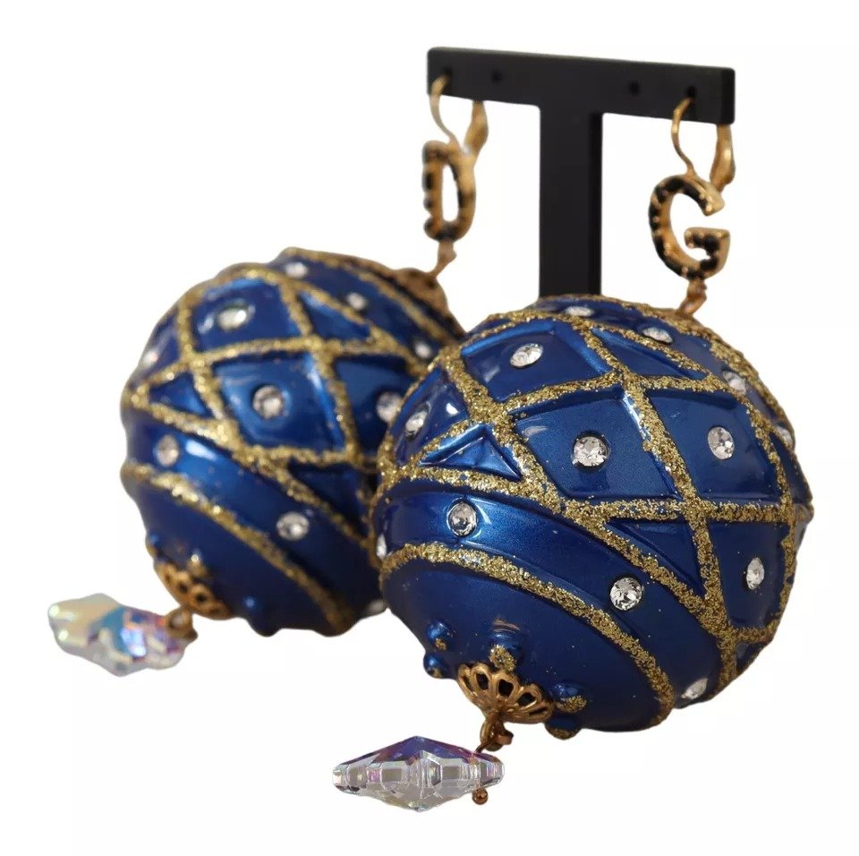 Dolce & Gabbana Gold Brass Blue Christmas Ball Crystal Hook Jewelry Earrings - Image 3