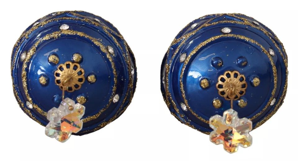 Dolce & Gabbana Gold Brass Blue Christmas Ball Crystal Hook Jewelry Earrings - Image 4