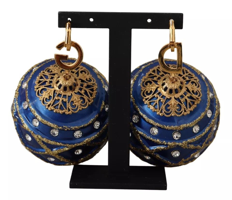 Dolce & Gabbana Gold Brass Blue Christmas Ball Crystal Hook Jewelry Earrings - Image 6