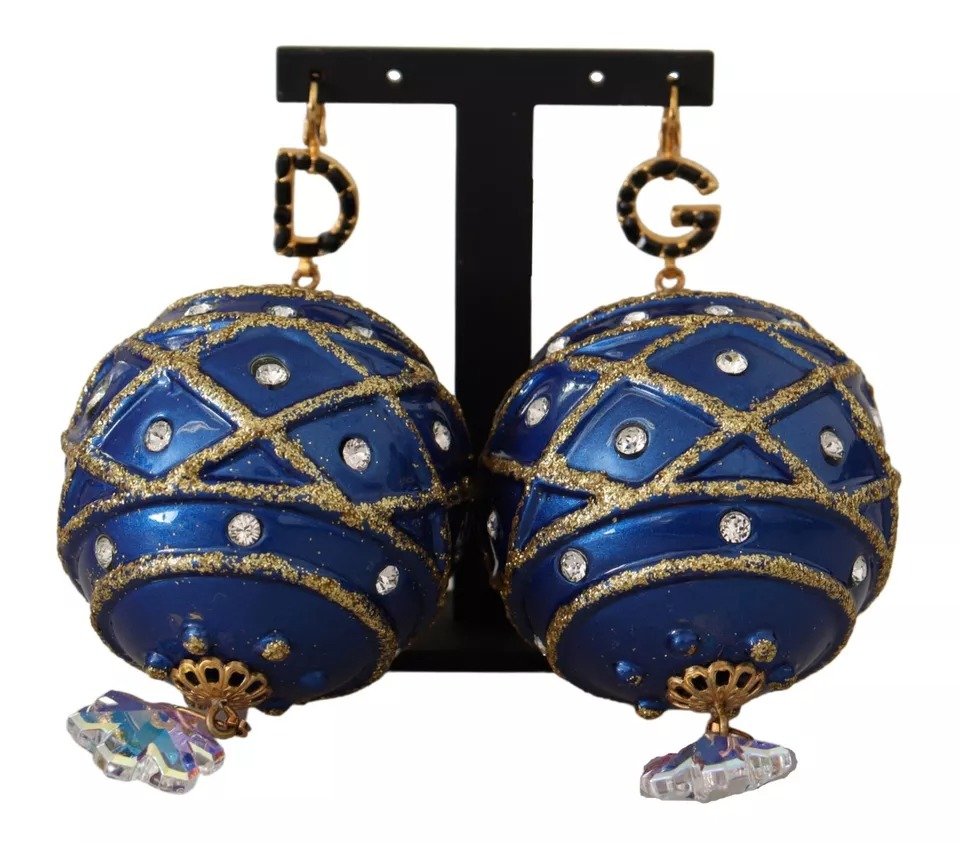 Dolce & Gabbana Gold Brass Blue Christmas Ball Crystal Hook Jewelry Earrings - Image 7