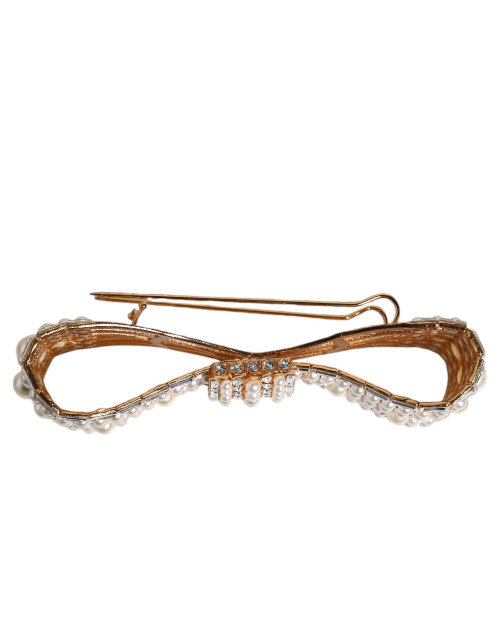 Dolce & Gabbana Gold Tone Brass Bow Crystal FauxPearl Embellished Brooch - Image 4