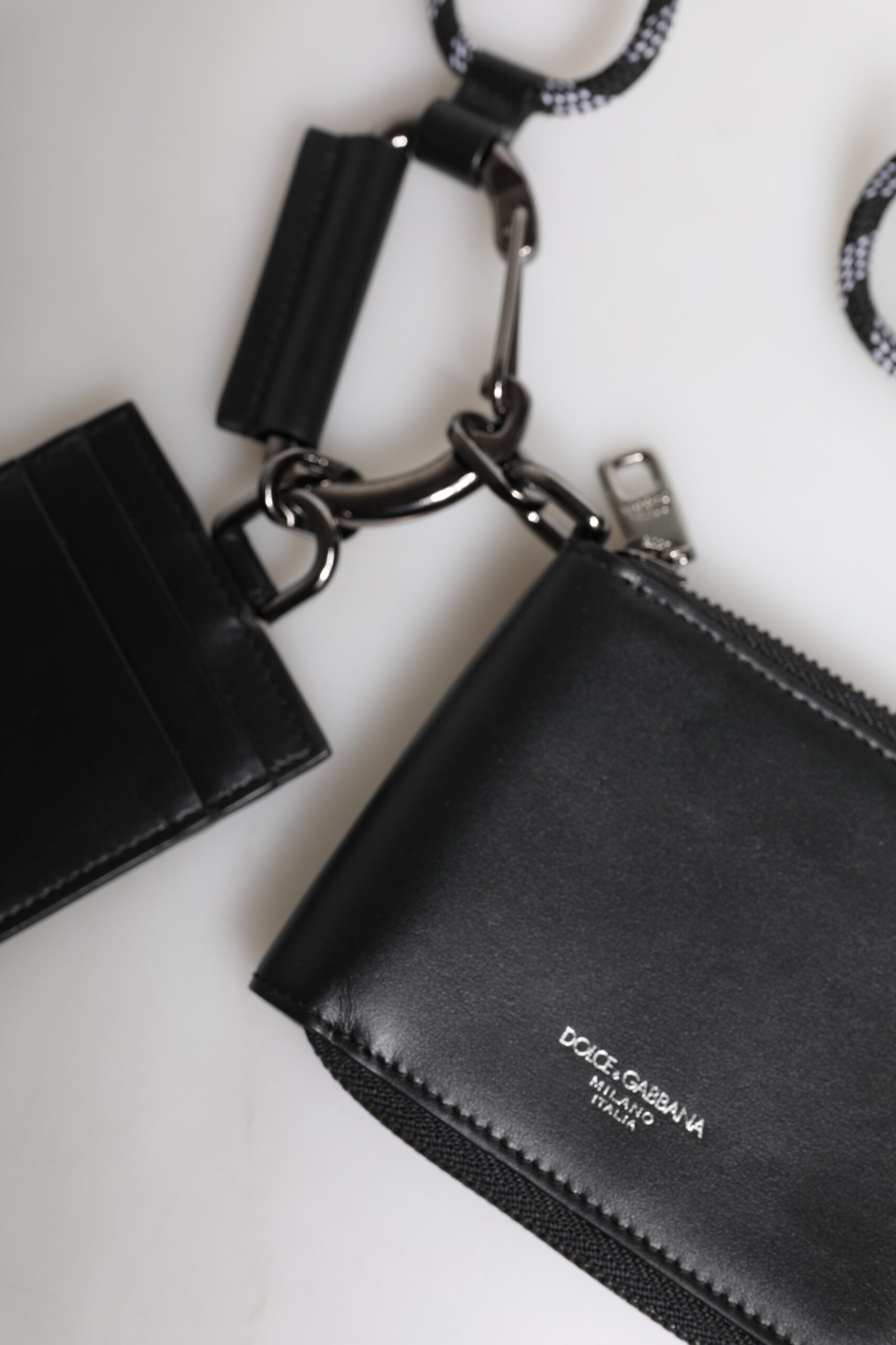 Dolce & Gabbana Black Leather Lanyard Zip Around Card Holder Wallet - Image 4