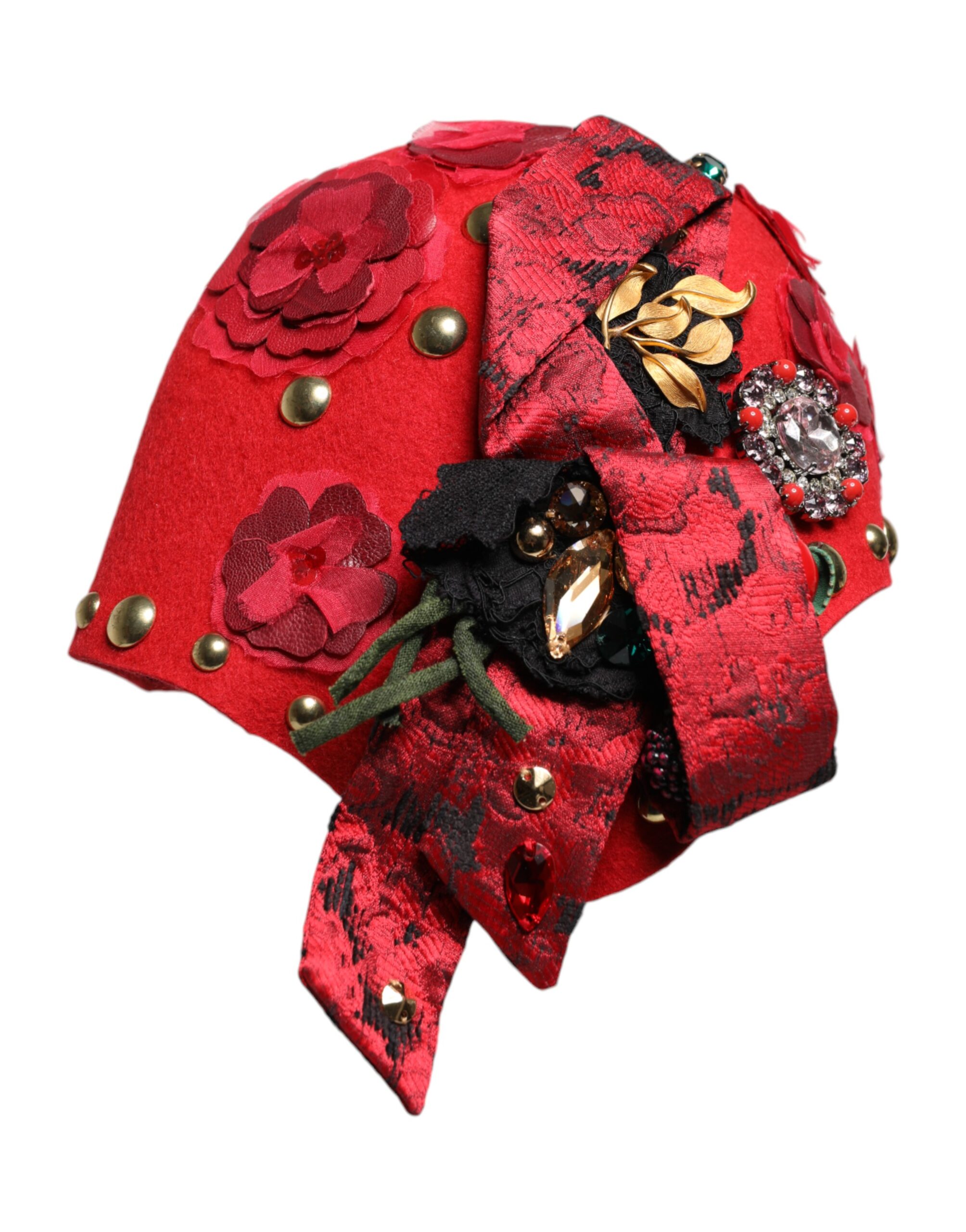 Dolce & Gabbana Red Crystal Gold Roses Brooch Embellished Hat - Image 3