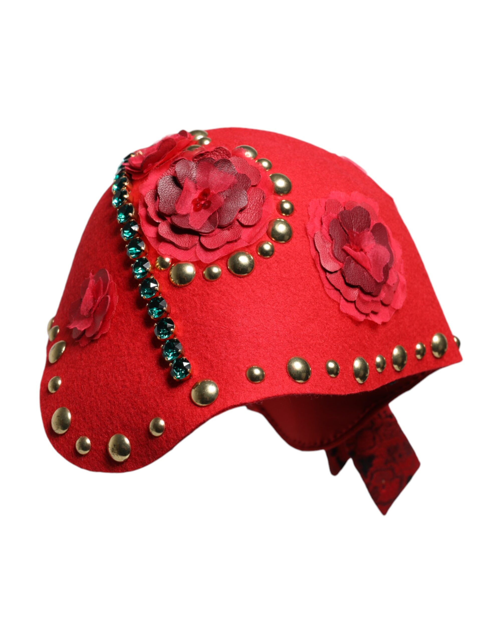 Dolce & Gabbana Red Crystal Gold Roses Brooch Embellished Hat - Image 4