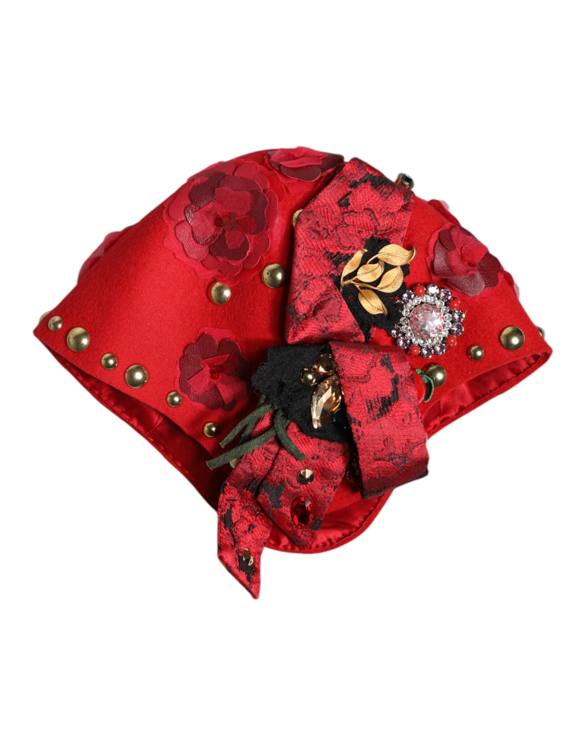 Dolce & Gabbana Red Crystal Gold Roses Brooch Embellished Hat - Image 5