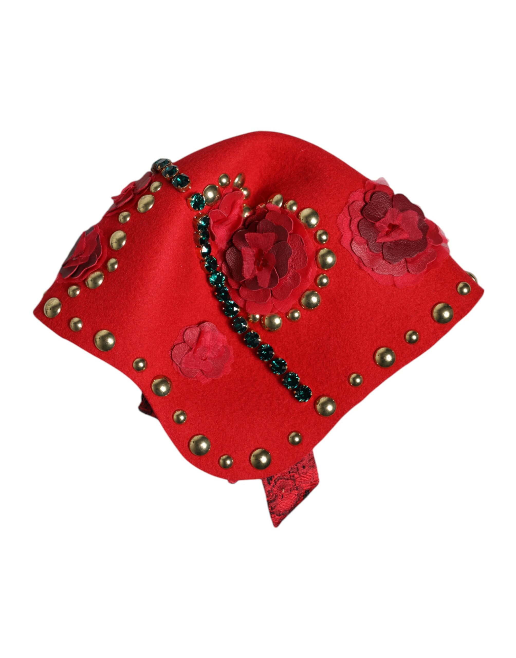 Dolce & Gabbana Red Crystal Gold Roses Brooch Embellished Hat - Image 6