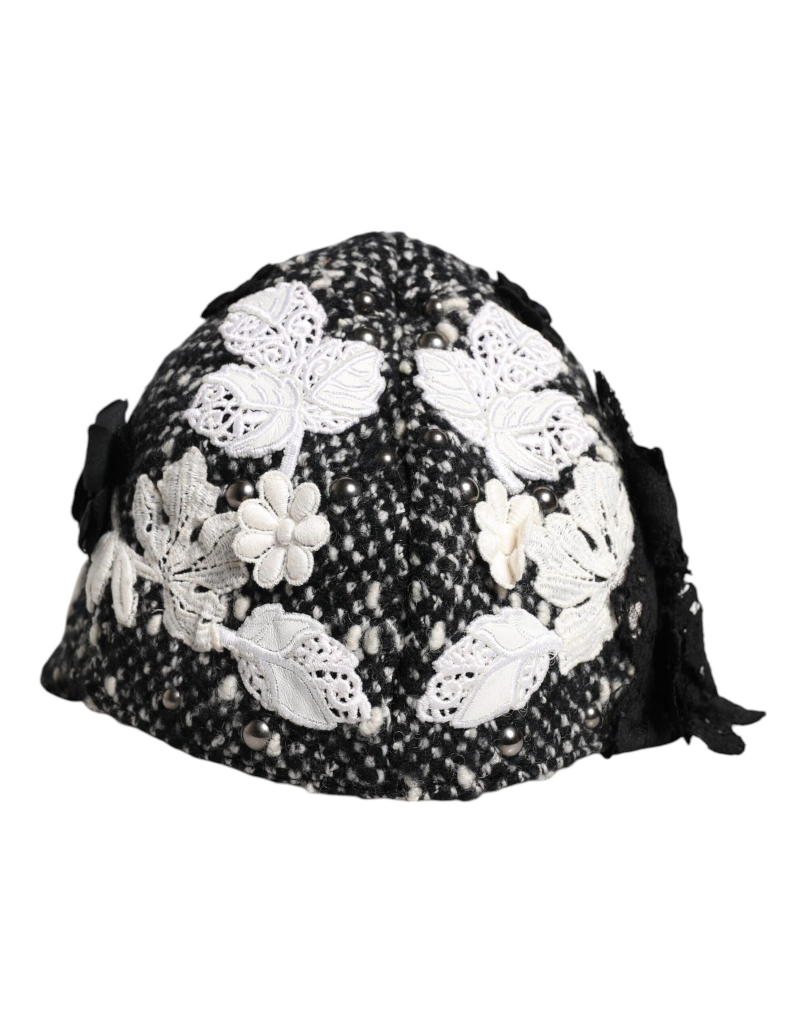 Dolce & Gabbana Black Wool White Floral Embellished Cloche Hat - Image 2