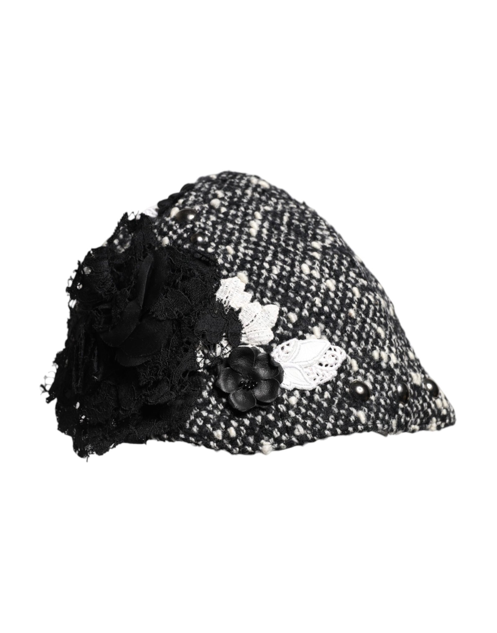 Dolce & Gabbana Black Wool White Floral Embellished Cloche Hat - Image 3
