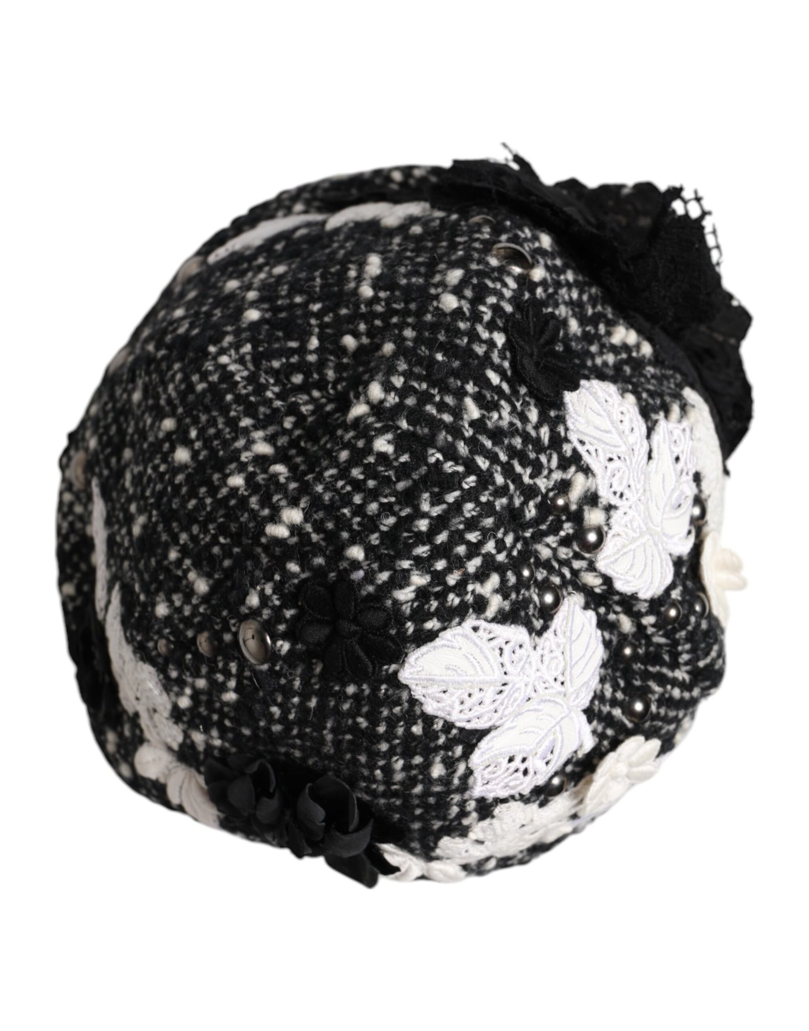 Dolce & Gabbana Black Wool White Floral Embellished Cloche Hat - Image 5