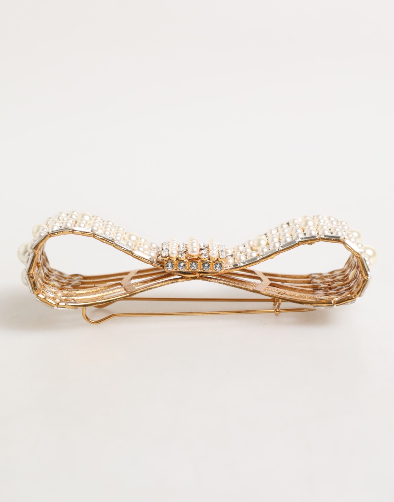 Dolce & Gabbana Gold Brass Glas Crystal Faux Pearl Embellished Brooch - Image 6