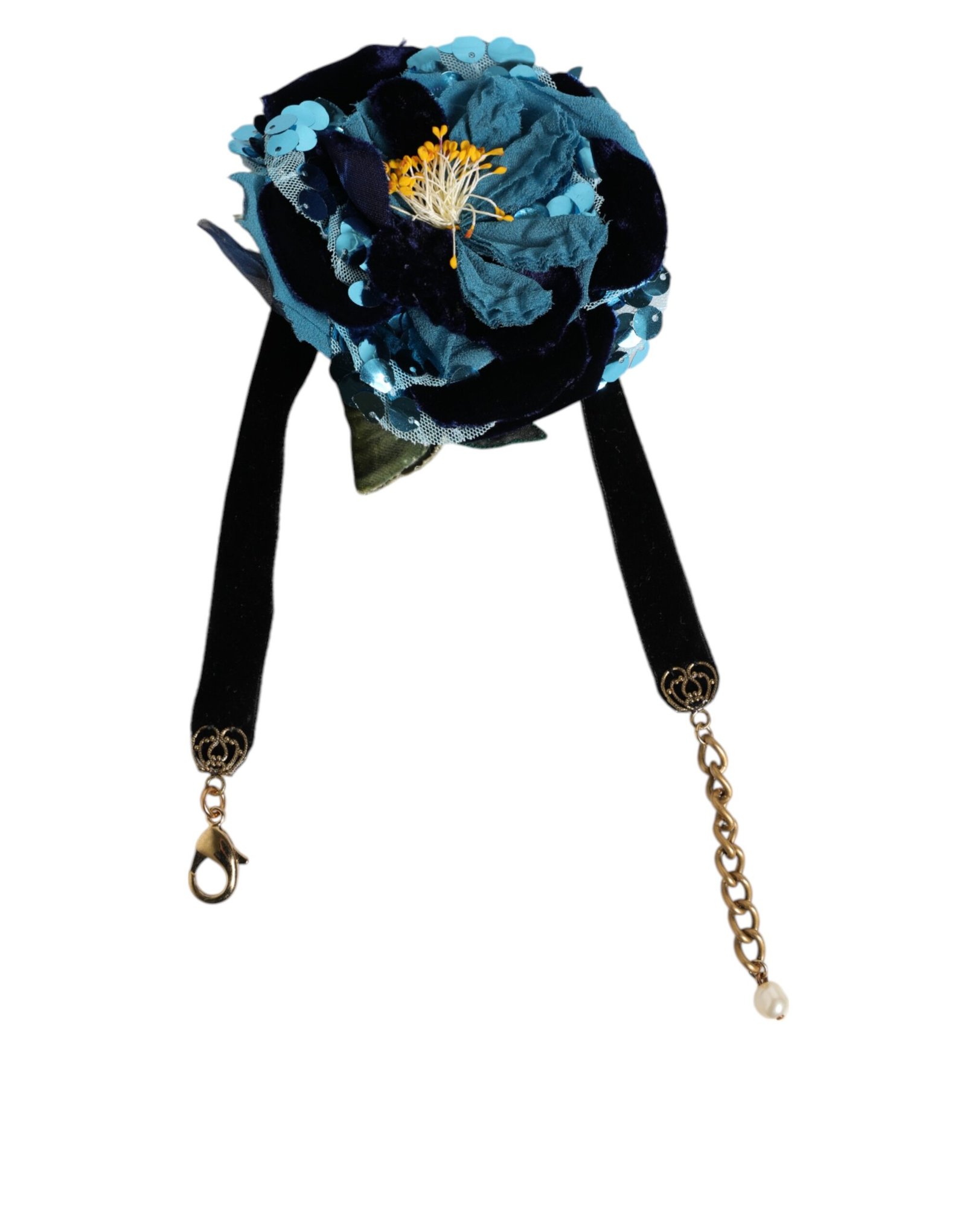 Dolce & Gabbana Blue Floral Appliqué Velvet Choker Crystal Beads Necklace - Image 2