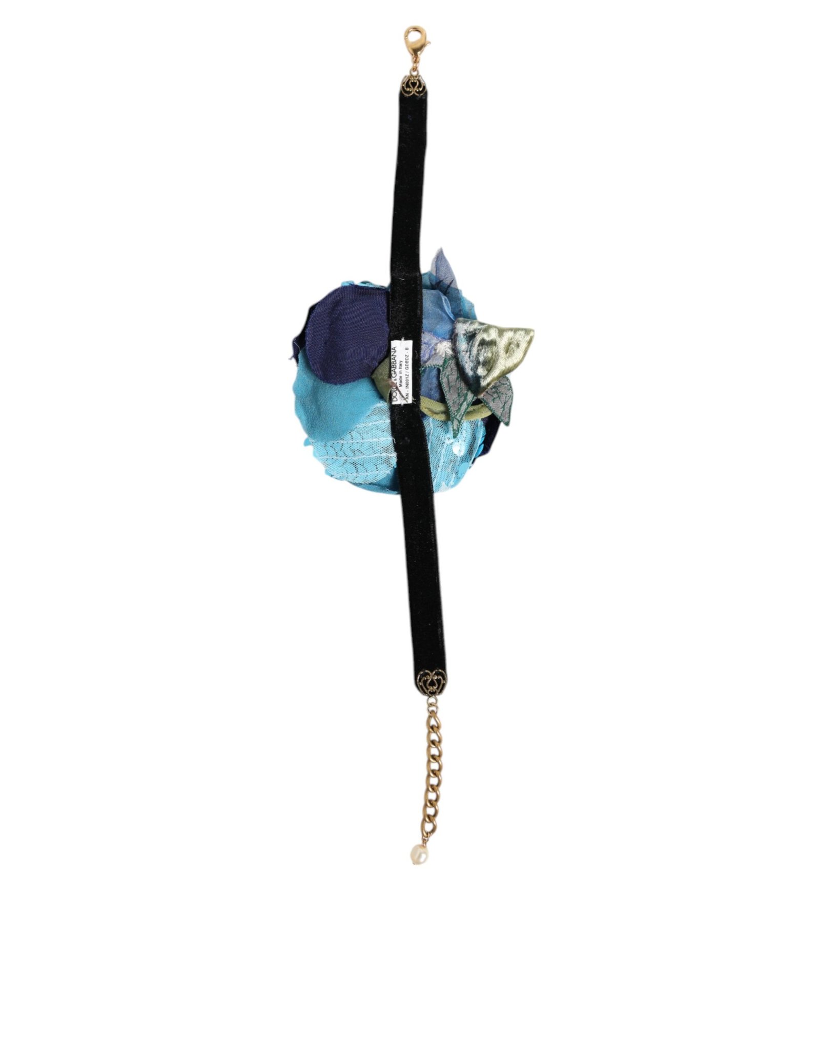 Dolce & Gabbana Blue Floral Appliqué Velvet Choker Crystal Beads Necklace - Image 6