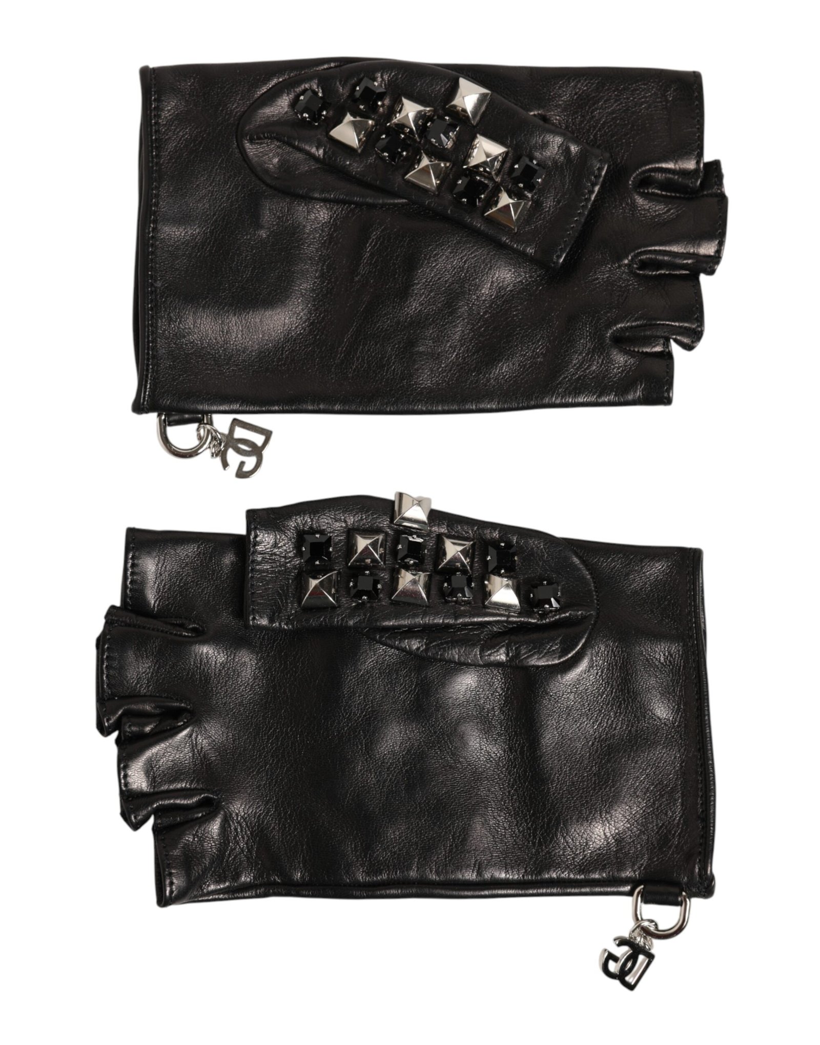 Dolce & Gabbana Black Leather Studded Fingerless Hand Mitten Men Gloves - Image 4